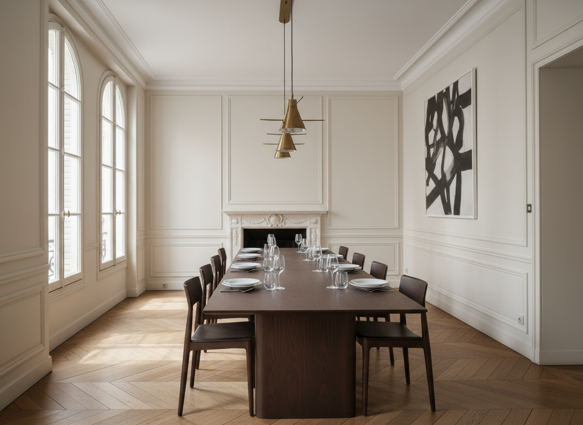 A minimalist yet opulent Parisian dining room captured in photographic realism, anchored by a long, narrow dining table in dark-stained oak with a silky matte finish. The table is set with a discreet arrangement of crystal stemware and fine porcelain, positioned beneath a contemporary sculptural chandelier in brushed brass. Surrounding walls are painted in soft warm white, subtly punctuated by original wall paneling and a single oversized monochrome artwork. Late morning natural light enters through tall windows on one side, casting crisp, elegant shadows across the parquet floor and table surface. Shot from a slightly elevated, three-quarter angle, the composition uses the rule of thirds to emphasize length and volume, creating a mood of intimate, strategic entertaining in a private Paris residence.