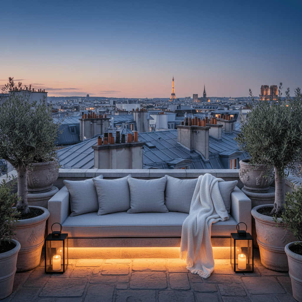 An atmospheric Parisian rooftop terrace in photographic realism, featuring a compact, impeccably designed outdoor lounge nestled among zinc rooftops and classic chimney pots. A low-profile stone bench is topped with flax-colored cushions and cashmere throws, flanked by slim black metal lanterns and potted olive trees in weathered limestone planters. The city stretches out in a soft blur beyond, with the silhouette of Parisian monuments faintly visible on the horizon. Captured at blue hour, the sky holds the last trace of twilight while warm ambient lighting from concealed LEDs washes the stone and plants, creating a cocoon-like glow. The angle is slightly elevated, overlooking the terrace, conveying a mood of discrete exclusivity, privacy, and sophisticated urban retreat.
