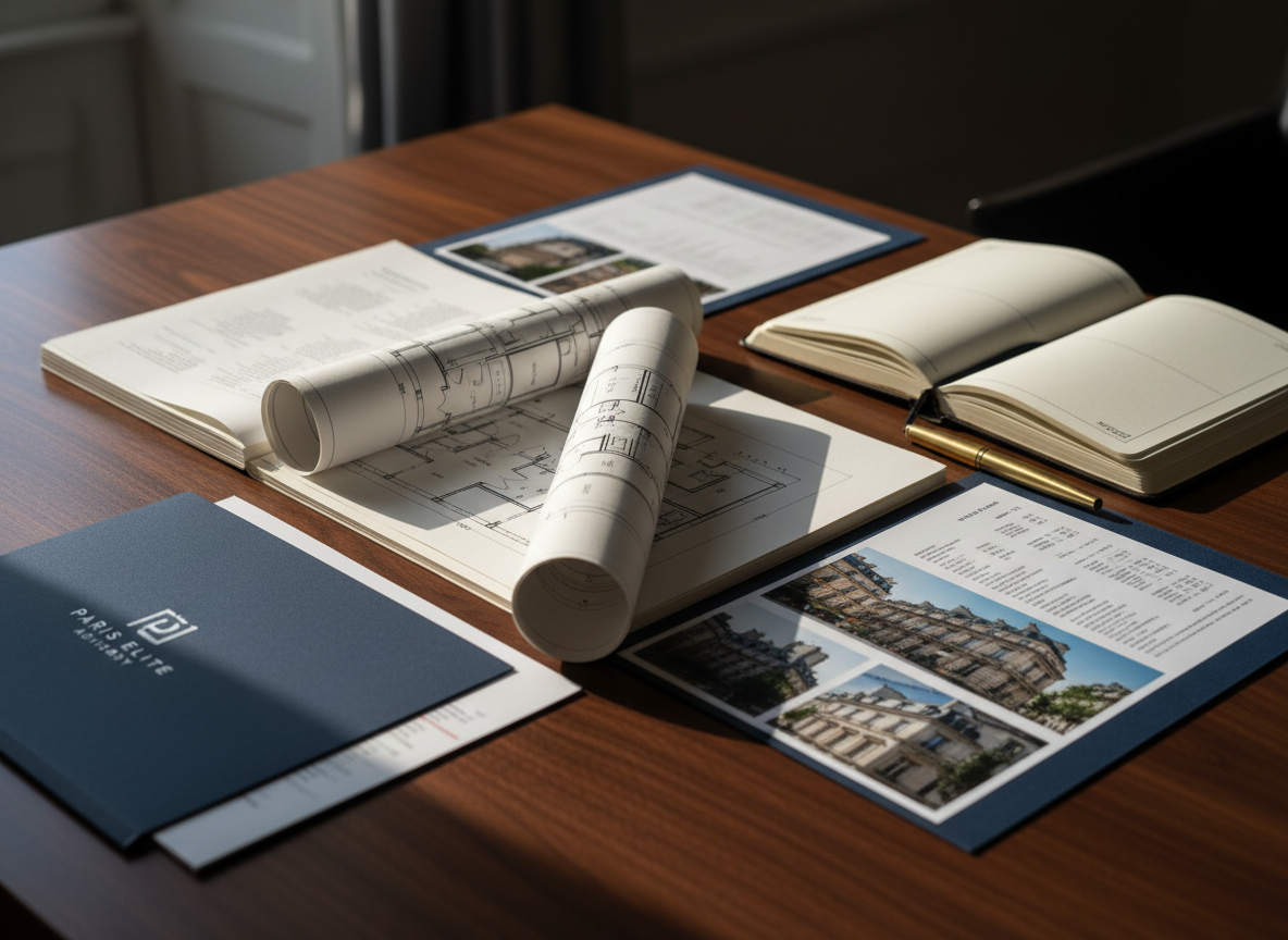 A meticulously organized property dossier laid out on a dark, satin-finished walnut desk in photographic realism, symbolizing strategic real estate advisory. Elegant architectural floor plans on thick, textured ivory paper are partially rolled, alongside a leather-bound notebook with gold-edged pages and a slim fountain pen in brushed brass. A discreetly branded navy-blue folder rests near the edge, slightly open to reveal glimpses of valuation reports and high-resolution property photographs. Soft, directional afternoon light from an unseen window creates precise highlights on metal accents and gentle shadows between the papers, emphasizing depth and structure. Shot from a slightly elevated top-down angle with shallow depth of field, the mood is calm, meticulous, and confidential, evoking discretion, expertise, and high-end service in the Paris property market.