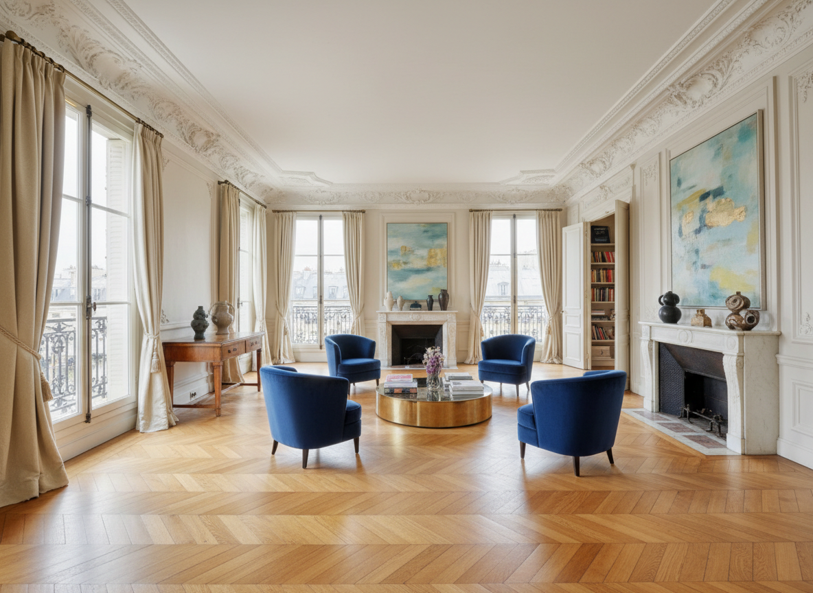 An expansive, impeccably restored Parisian salon in photographic realism, with soaring ceilings, ornate plaster moldings, and herringbone oak parquet floors in a soft honey tone. Floor-to-ceiling French windows framed by silk draperies open onto discreet wrought-iron balconies, revealing a blurred glimpse of classic Parisian rooftops. Soft, diffused daylight fills the room, creating gentle reflections on a marble fireplace mantel and a curated selection of sculptural vases and art books. The composition is shot at eye level with a wide lens, maintaining sharp detail throughout while keeping the far end slightly softened to enhance depth. The atmosphere is serene, cultured, and understatedly opulent, conveying the feeling of an exceptional, carefully curated residence.