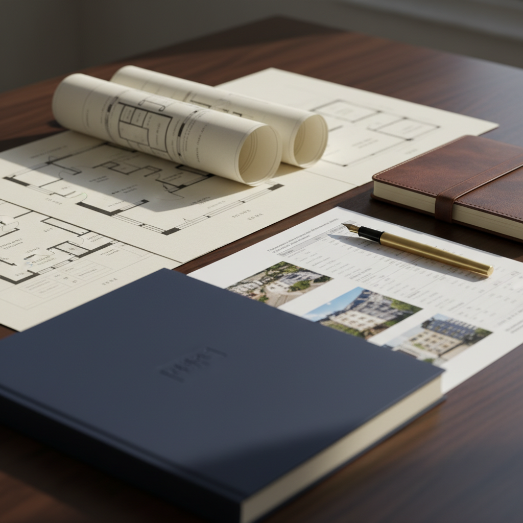 A meticulously organized property dossier laid out on a dark, satin-finished walnut desk in photographic realism, symbolizing strategic real estate advisory. Elegant architectural floor plans on thick, textured ivory paper are partially rolled, alongside a leather-bound notebook with gold-edged pages and a slim fountain pen in brushed brass. A discreetly branded navy-blue folder rests near the edge, slightly open to reveal glimpses of valuation reports and high-resolution property photographs. Soft, directional afternoon light from an unseen window creates precise highlights on metal accents and gentle shadows between the papers, emphasizing depth and structure. Shot from a slightly elevated top-down angle with shallow depth of field, the mood is calm, meticulous, and confidential, evoking discretion, expertise, and high-end service in the Paris property market.