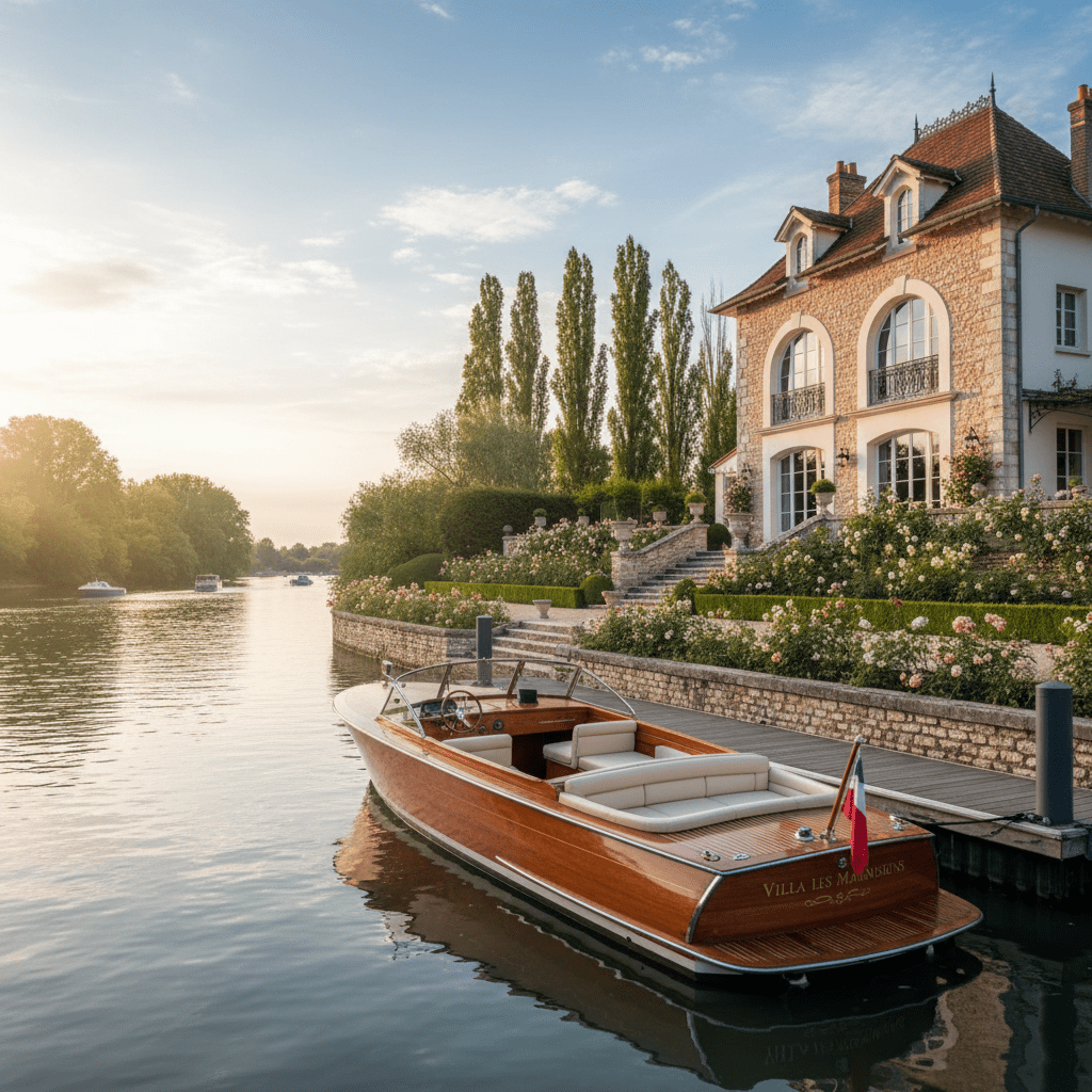 Mahogany speedboat named 'VILLA LES MARMOUSET' docked at a grand riverside villa during sunset.