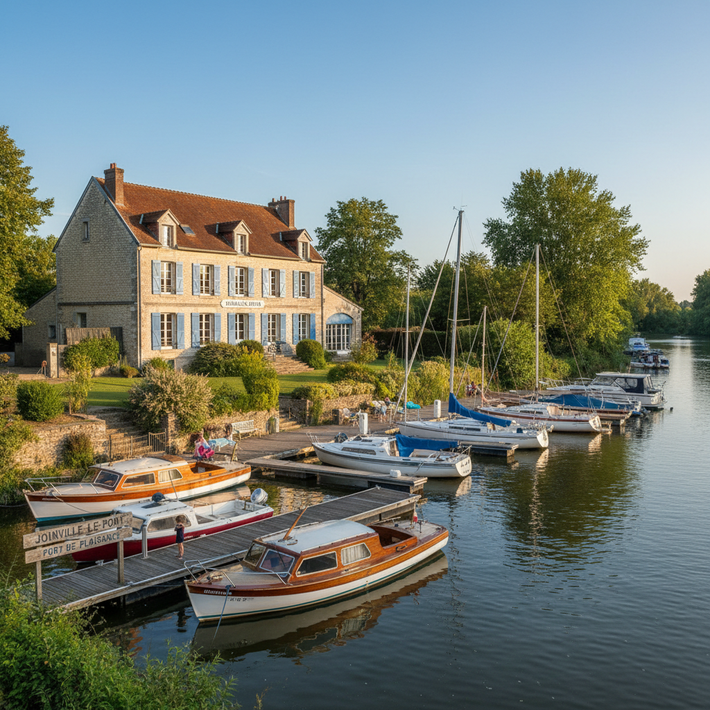 Boats docked at a marina next to a large stone house with blue shutters.