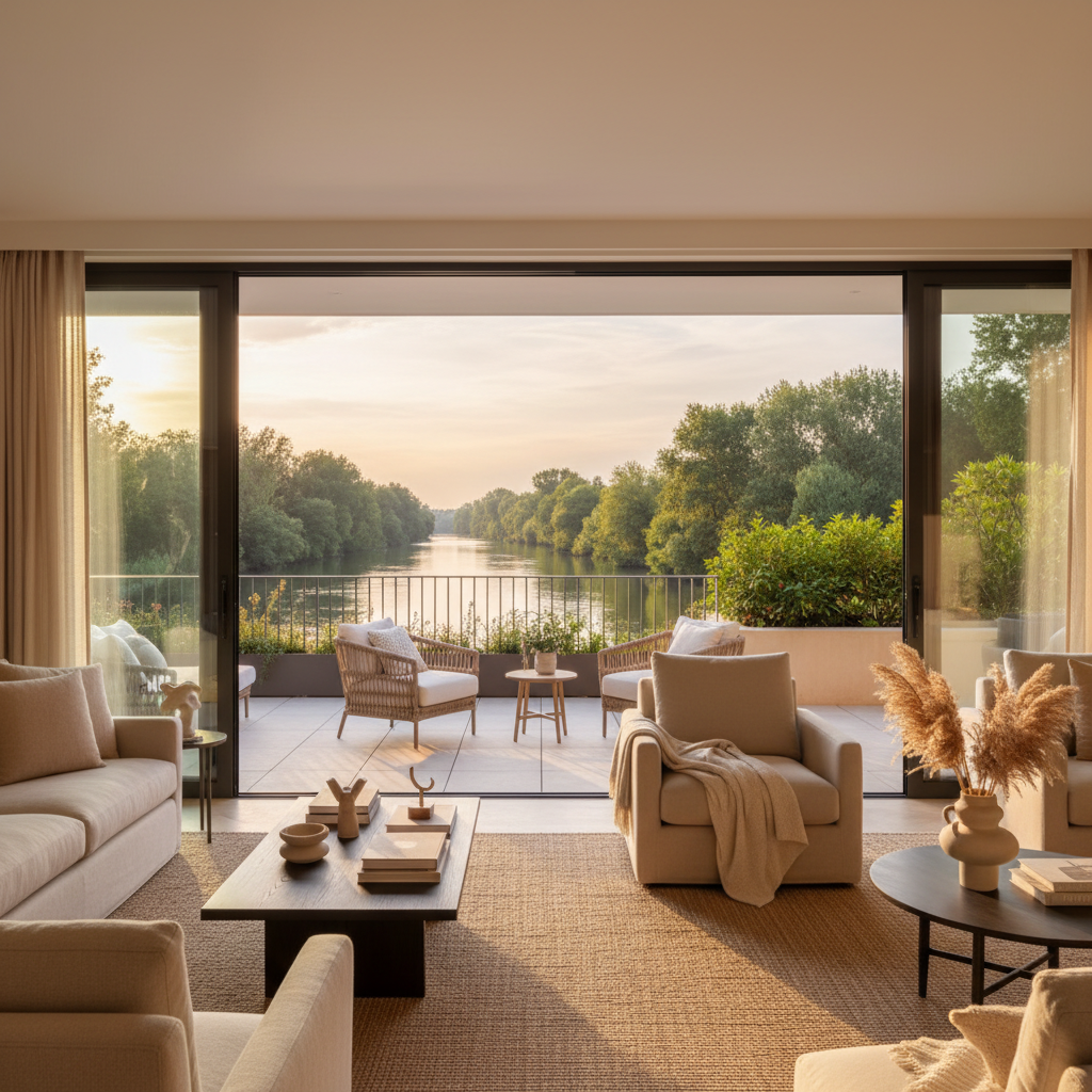 Bright, warm high-end residence by the Marne river at golden hour: an elegant terrace and interior flow together through large glass doors, with refined contemporary furniture in beige and sand tones, soft textiles, and discreet decorative objects. In the background, the calm river is clearly visible, reflecting the golden light of sunset, with lush greenery on the opposite bank. The atmosphere is chic, intimate, and understated, evoking a sophisticated Parisian weekend home by the water.